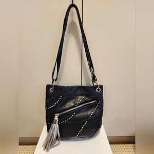 B.Makowsky Black/Silver Buttery Leather Crossbag Leopard Lining Ret. $268